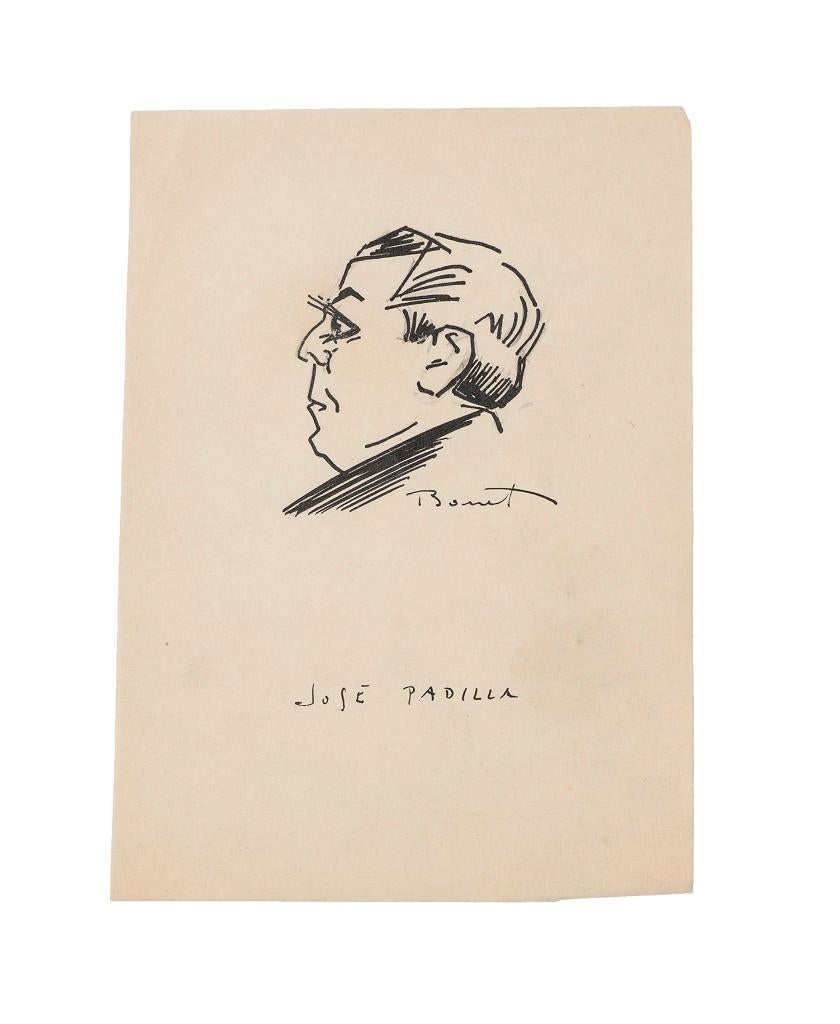 Portrait of José Padilla - Original Pen Drawing by R. Bonet - Mid-20th Century - Art by Roman Bonet