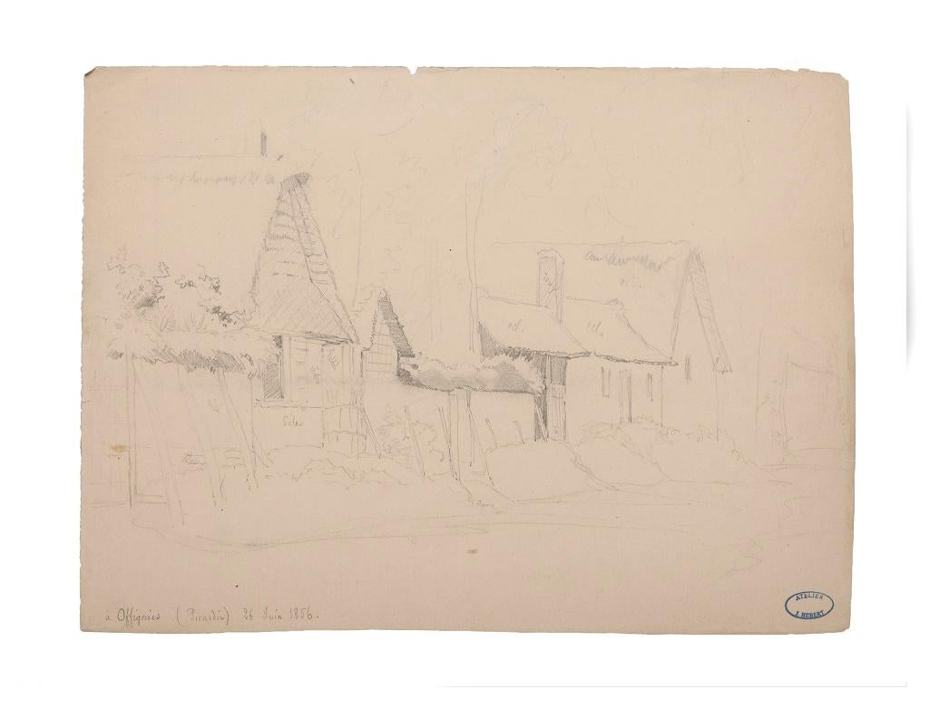 Ernest Hébert Landscape Art - House in Picardie - Original Pencil by E. Hebert - 1856
