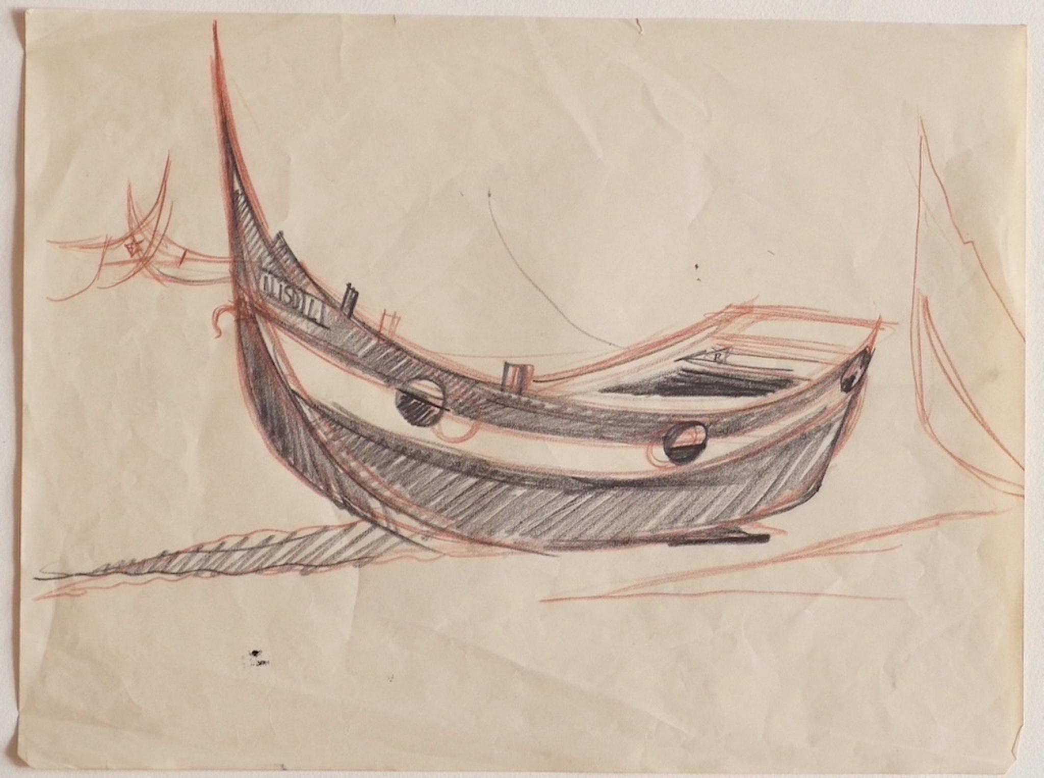 Unknown Figurative Art - Boats - Original Pencil and Pastel - Early 20th Century