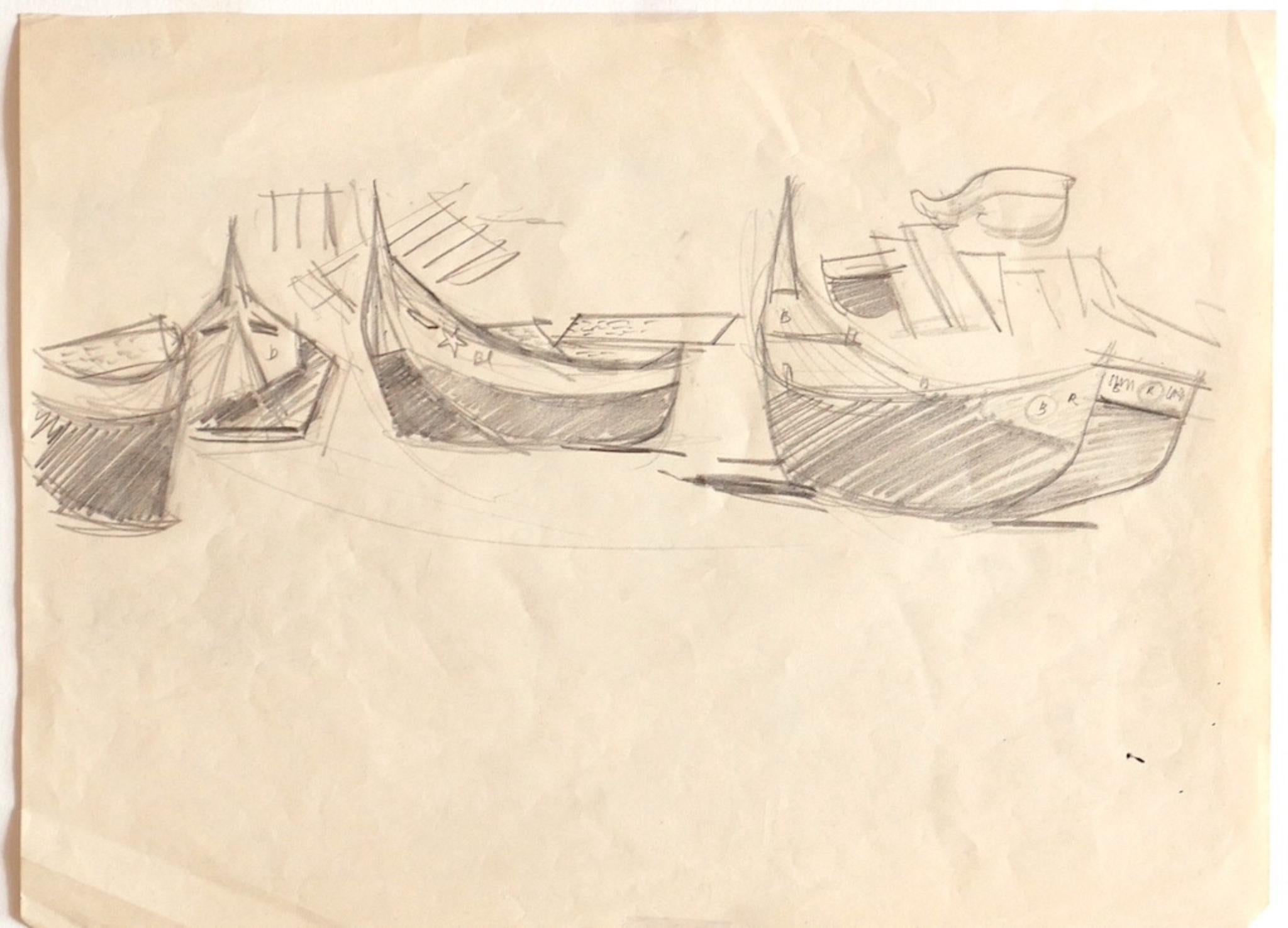 Unknown Figurative Art - Boats - Original Pencil Drawing - Early 20th Century