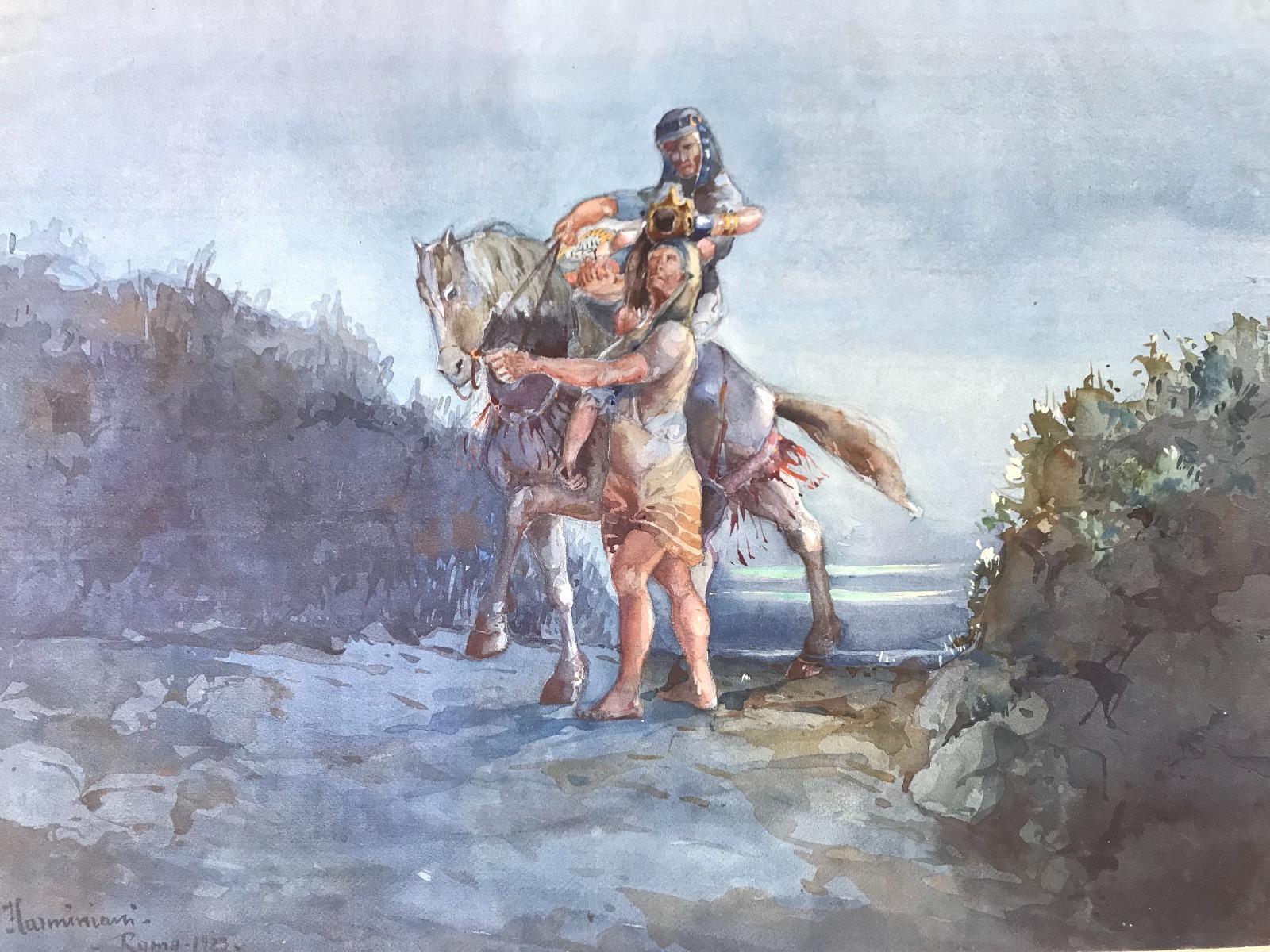 Huyendo a Egipto es una pintura original en acuarela sobre cartón realizada por Eugenio Larminiani en Roma en 1923.

Firmado a mano en la parte inferior izquierda y fechado.

Buenas condiciones.

La obra de arte representa a dos jinetes en
