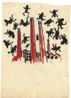 Una esplosione in fabbrica - Marker Drawing by Mino Maccari - 1970s