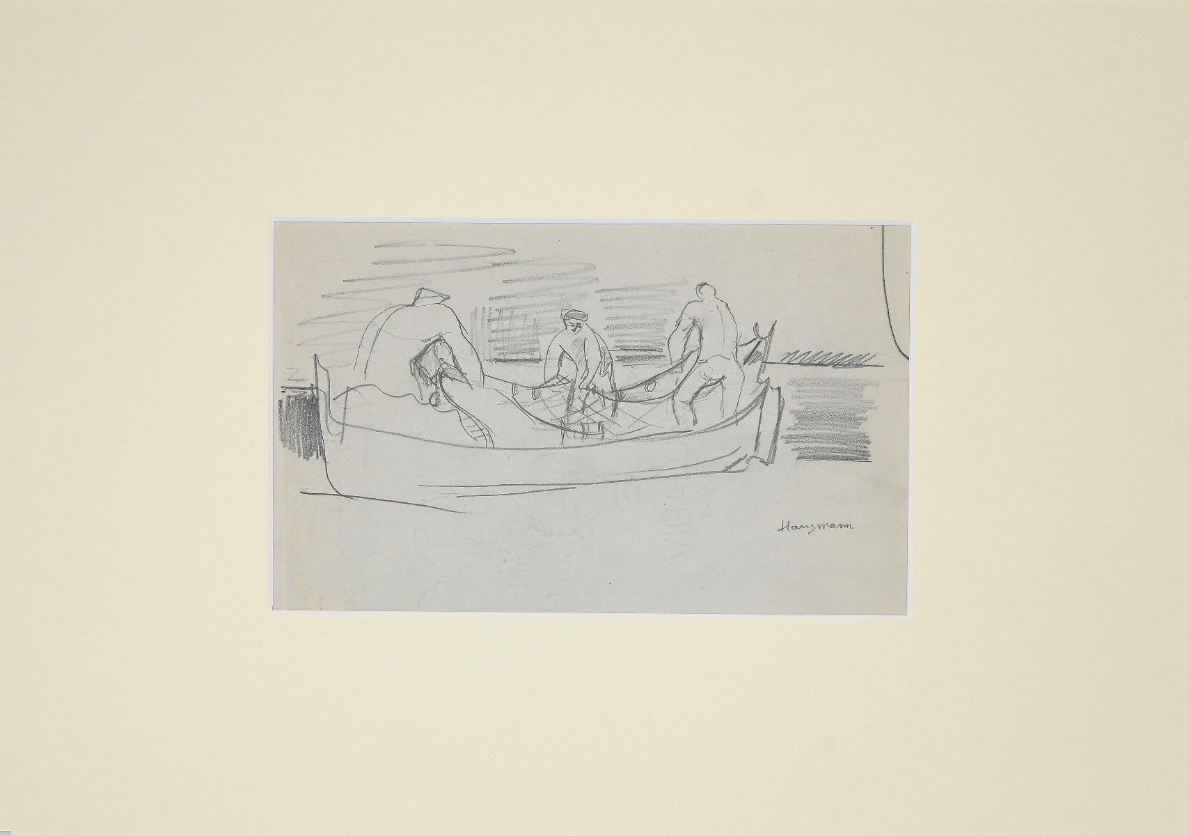 Fishermen - Original Pencil Drawing by Herta Hausmann - 1950s