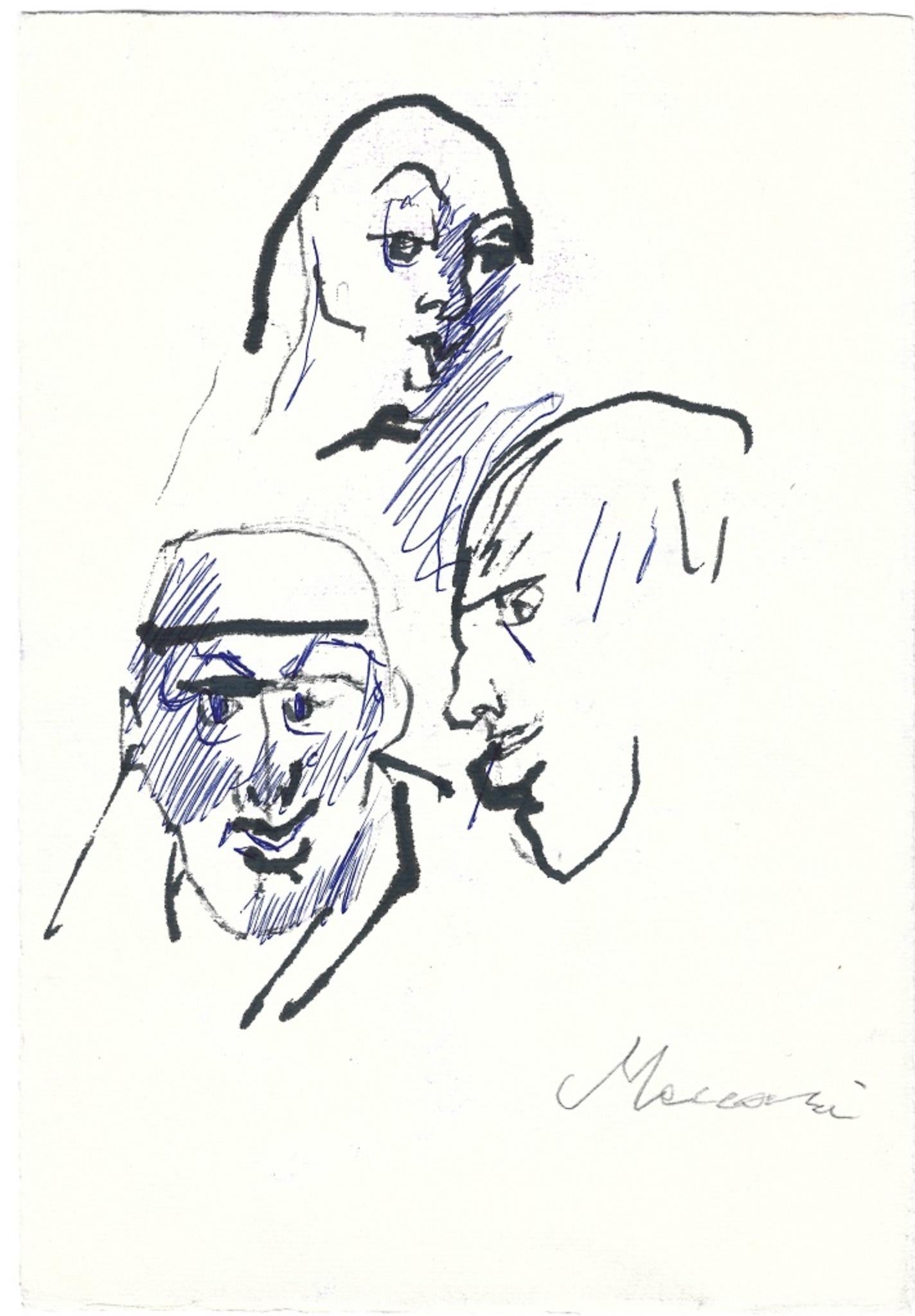 Three Sketched Portraits - China Ink by Mino Maccari - 1960s