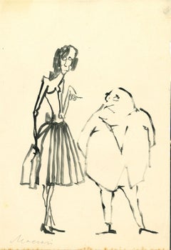 L'ammiratore - Original Tempera Drawing by Mino Maccari - 1960s
