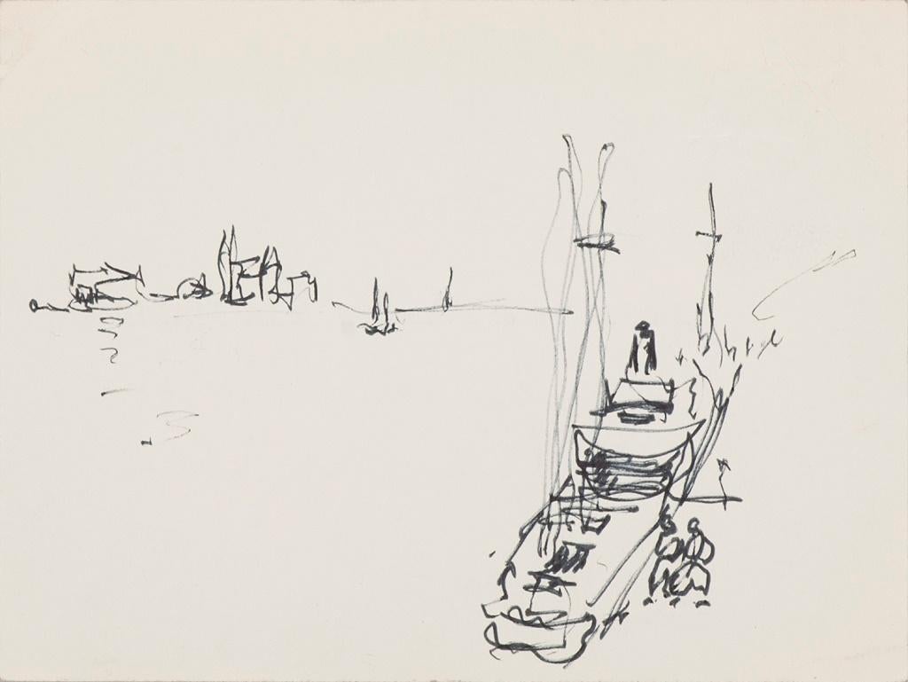 Unknown Figurative Art - Boat - Original Pen Sketch - Mid-20th Century