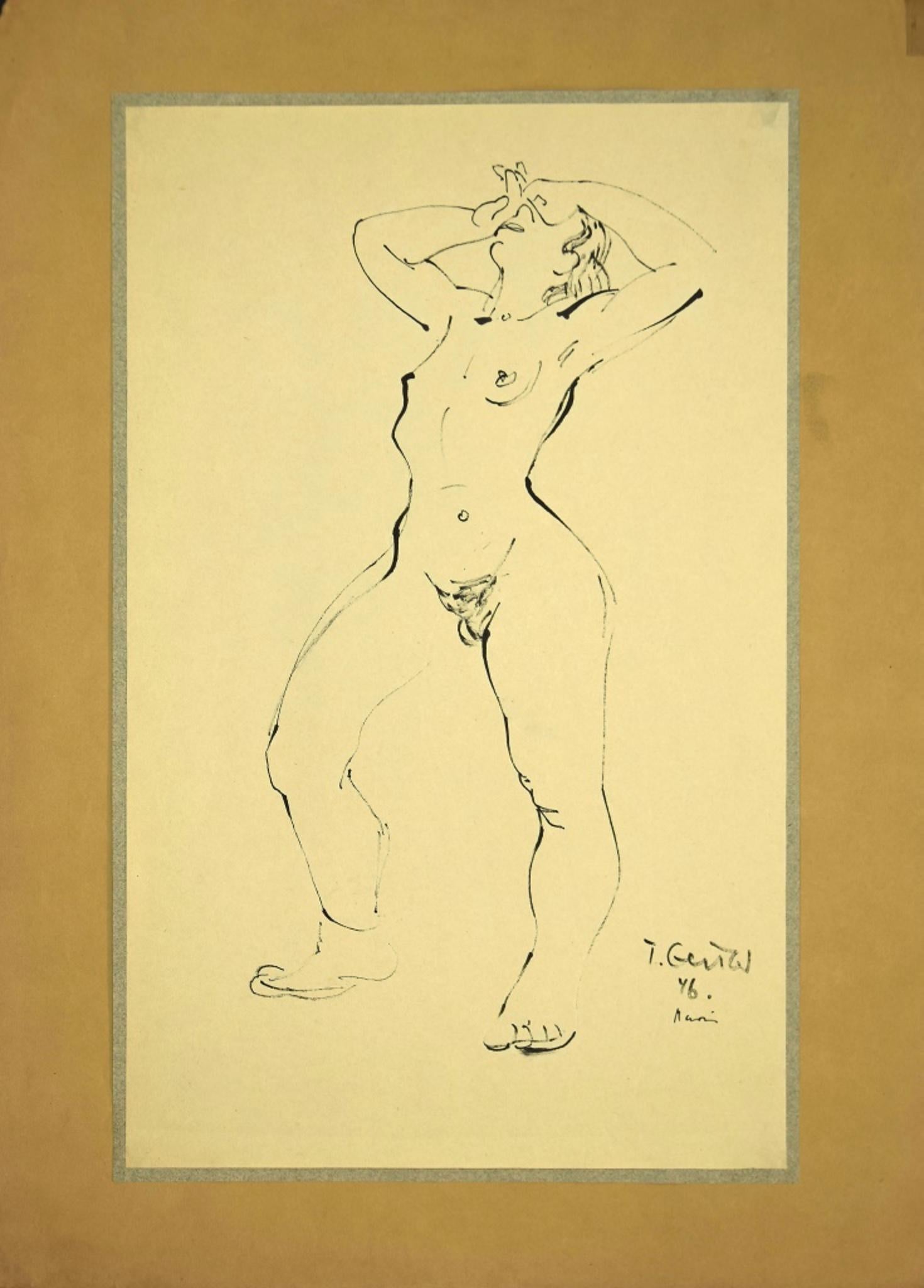 Nude of Woman 1946 - Original China Ink Drawing by Tibor Gertler - 1946