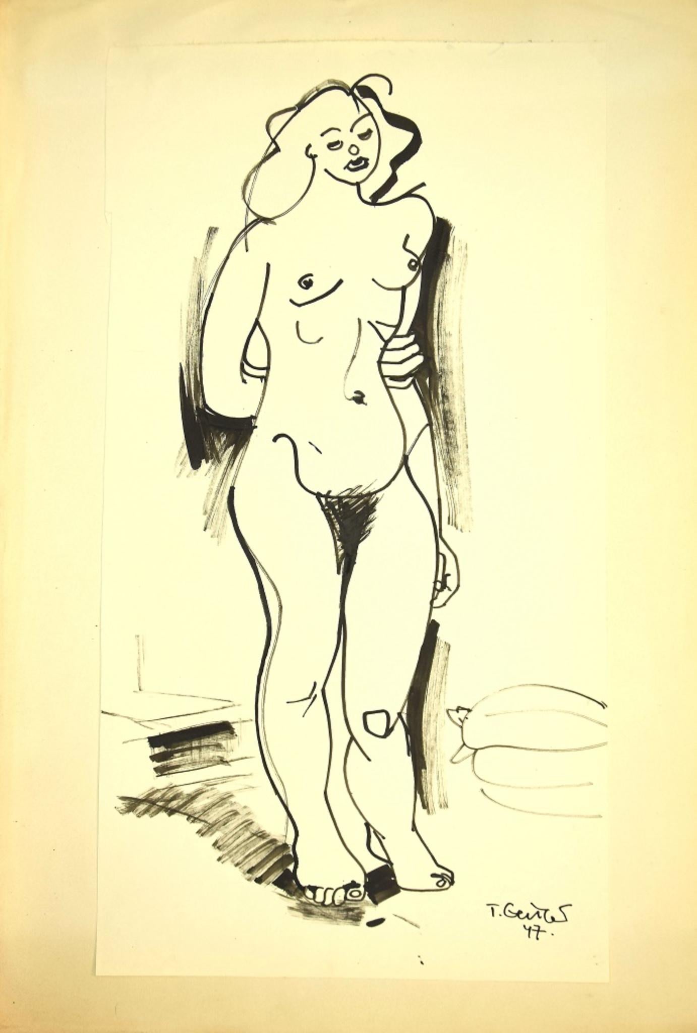 Nude 1947 - Original China Ink by Tibor Gertler - 1947