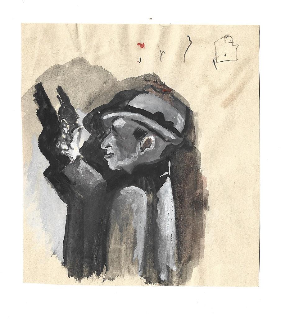 A Gangster - Watercolor Drawing on Paper by Mino Maccari - 1970s