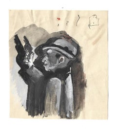 A Gangster – Aquarellzeichnung auf Papier von Mino Maccari – 1970er Jahre