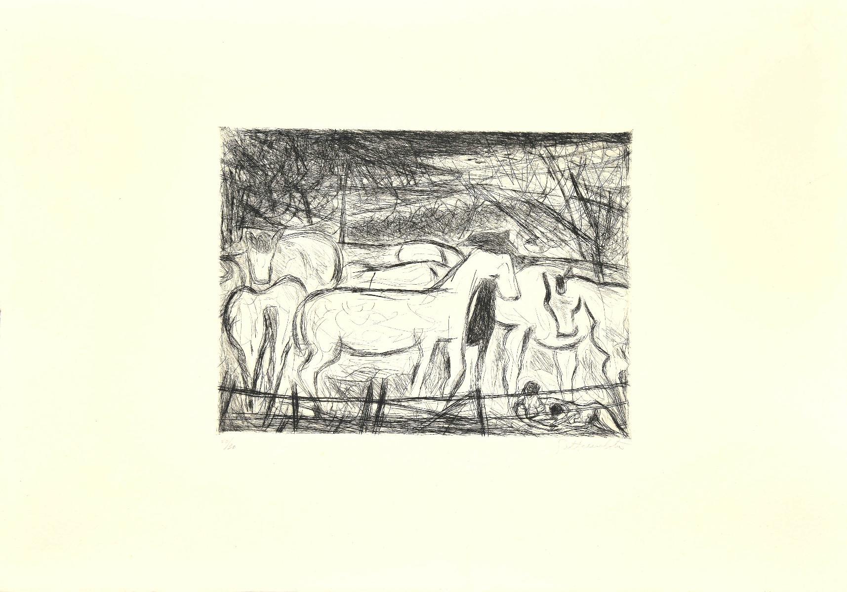 Nazareno Gattamenata Figurative Print - Horses in the Corral - Original Etching on Paper by Nazareno Gattamelata - 1985