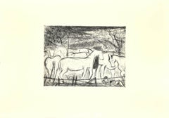 Horses in the Corral - Original Etching on Paper by Nazareno Gattamelata - 1985