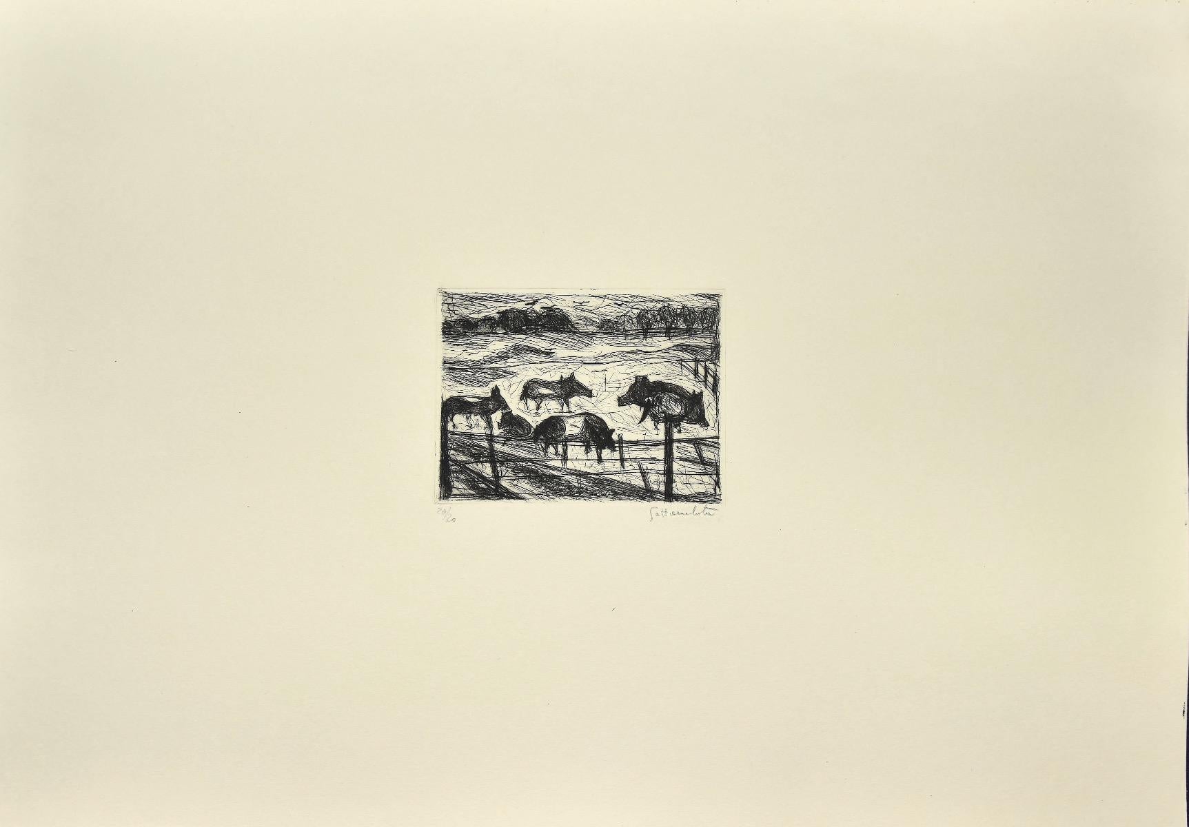 Nazareno Gattamenata Figurative Print - Animals in the corral - Original Etching on Paper by Nazareno Gattamelata - 1985