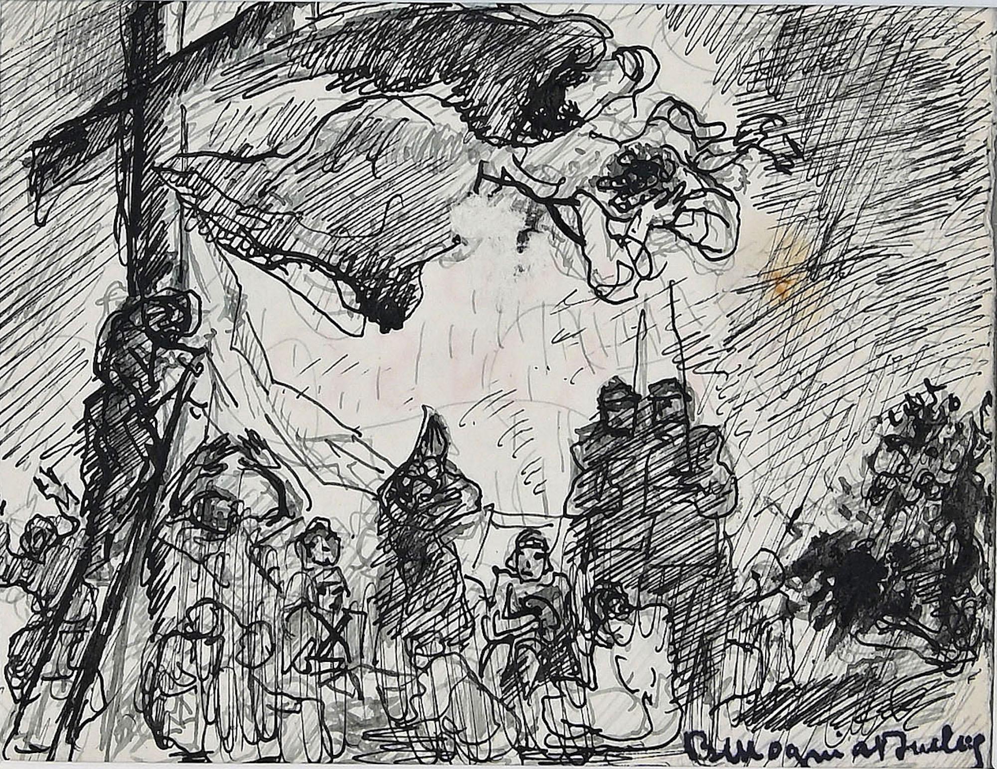 Mogniat-Duclos Bertrand Figurative Art - Jesus Christ on the Cross -  Ink Drawing - Early 20th Century
