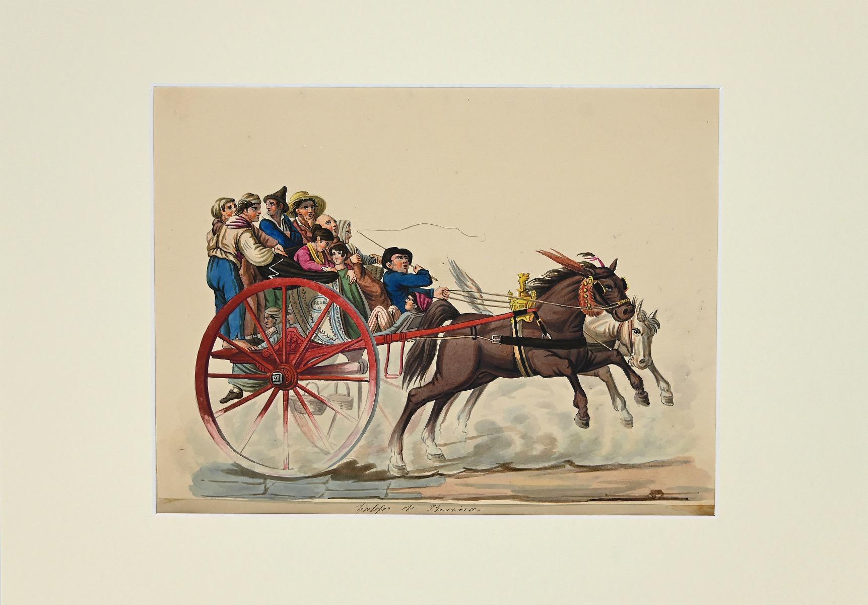 Figuren auf einem Wagen ist eine Original-Gouache auf elfenbeinfarbenem Papier, 1820 c.a., realisiert von Michela De Vito.

Sehr schönes Aquarell von guter Qualität, sowohl für die Zeichnung als auch für die Feinheit der Farben.

Michela De Vito