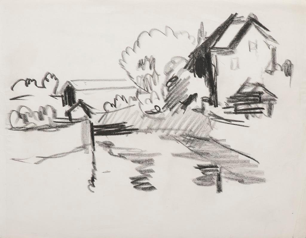 Unknown Figurative Art - Countryside - Charcoal Drawing - Mid-20th Century