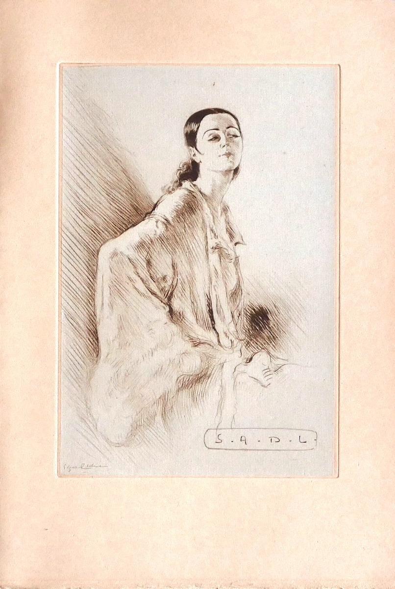 Figure is an original etching on paper realized by Edgard Chahine.

Signed on the plate.

Good conditions.

The artwork is on the cover of a menu. The artwork is depicted with confident strikes with perfect hatchings.