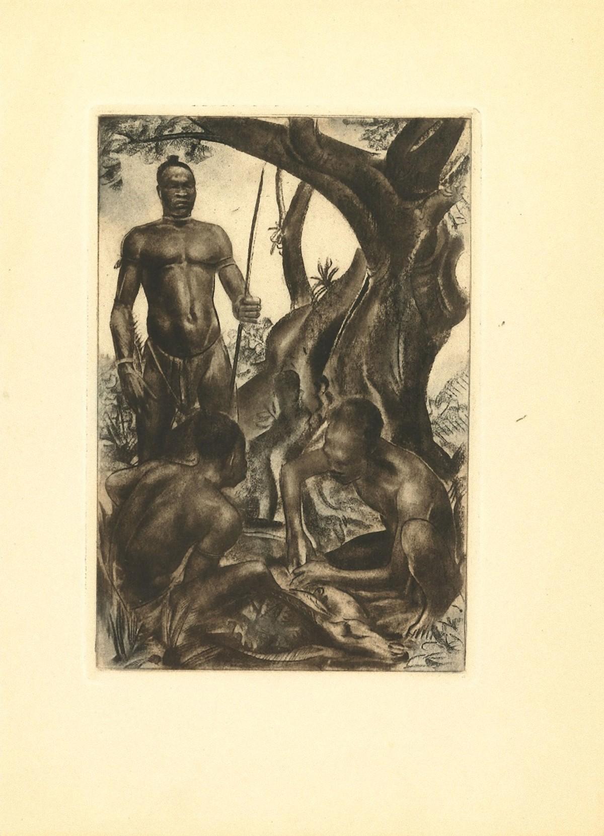 Africa - Hunters is an original artwork realized by Emmanuel Gondouin (Versailles, 1883 - Parigi, 1934) in 1930s.

Original Lithograph, part of a collection entitled "Africa".

The work is glued on cardboard.

Good condition.

Emmanuel Gondouin is a