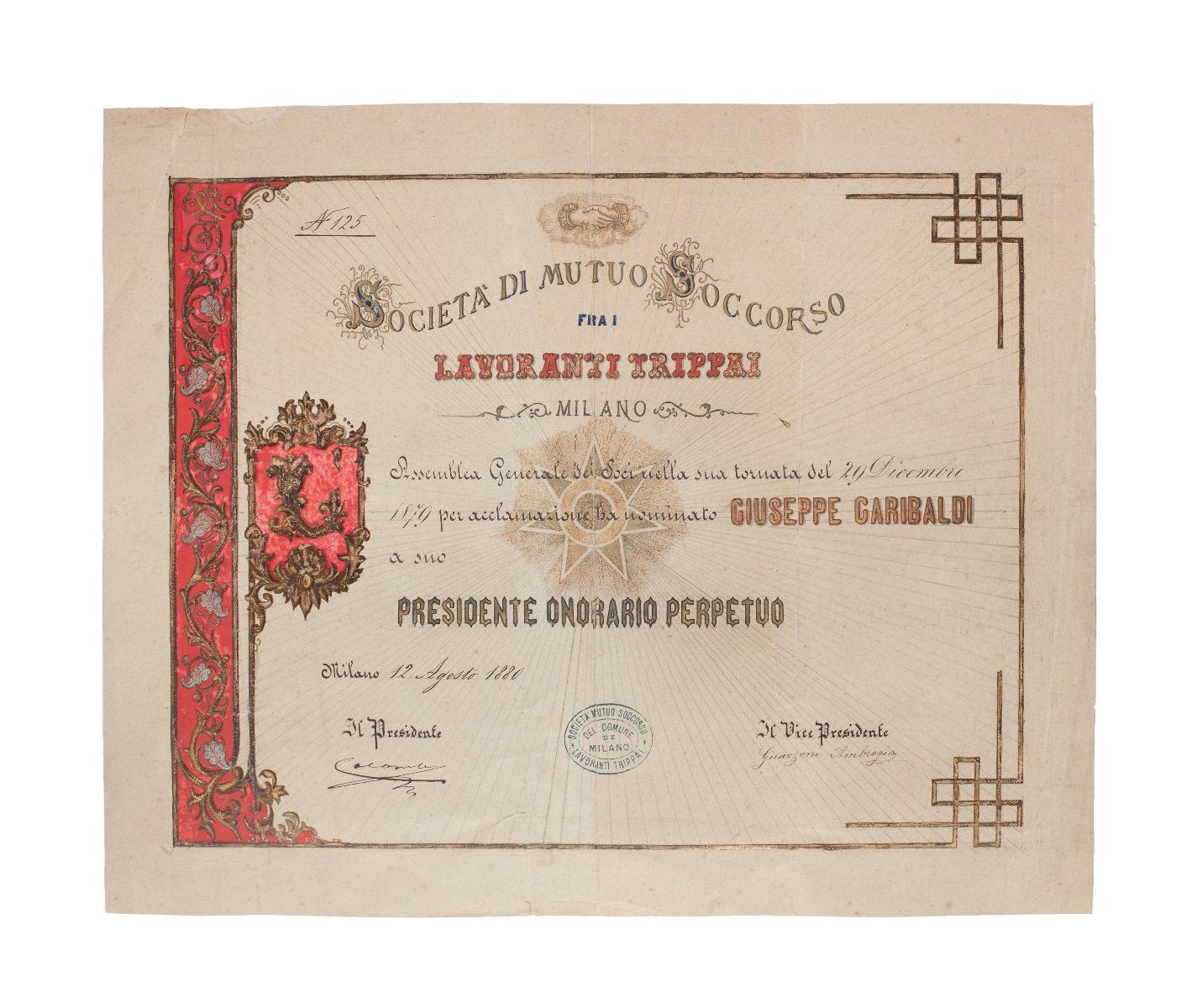 Original Appointment of G. Garibaldi to the "Società di Mutuo Soccorso" - 1879 - Art by Unknown