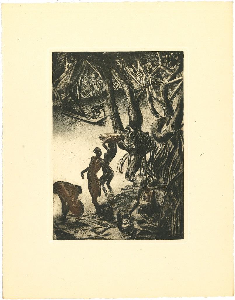Afrika - Frau am Fluss - Originallithographie von Emmanuel Gondouin - 1930er Jahre