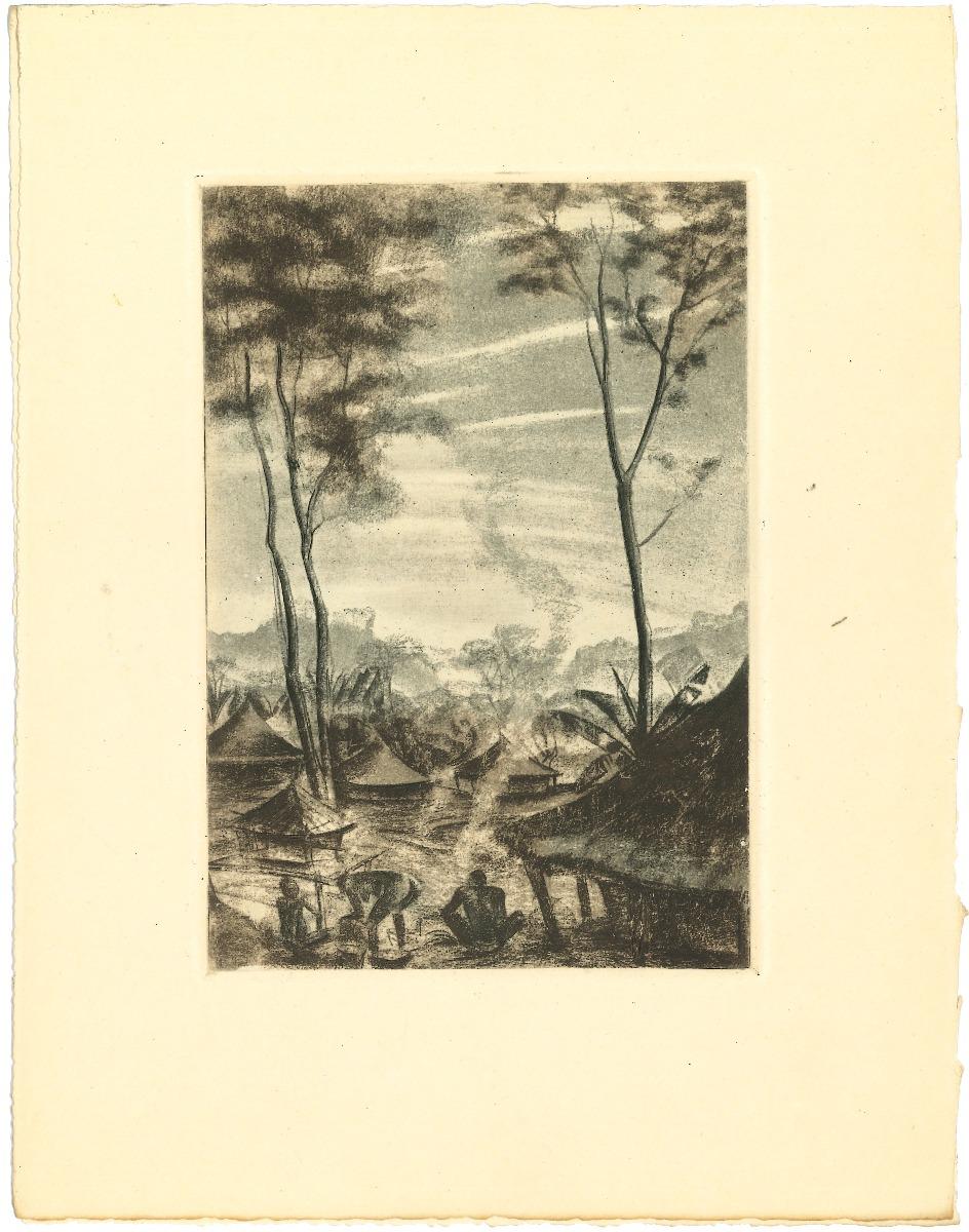 Africa - La vita nel villaggio è un'opera d'arte originale realizzata da Emmanuel Gondouin (Versailles, 1883 - Parigi, 1934) negli anni Trenta.

Litografia originale su carta avorio.

Questo disegno fa parte di una collezione intitolata