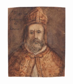 Bishop Martin Bishop of Tours - Dessin original de supports mixtes - Début 1900