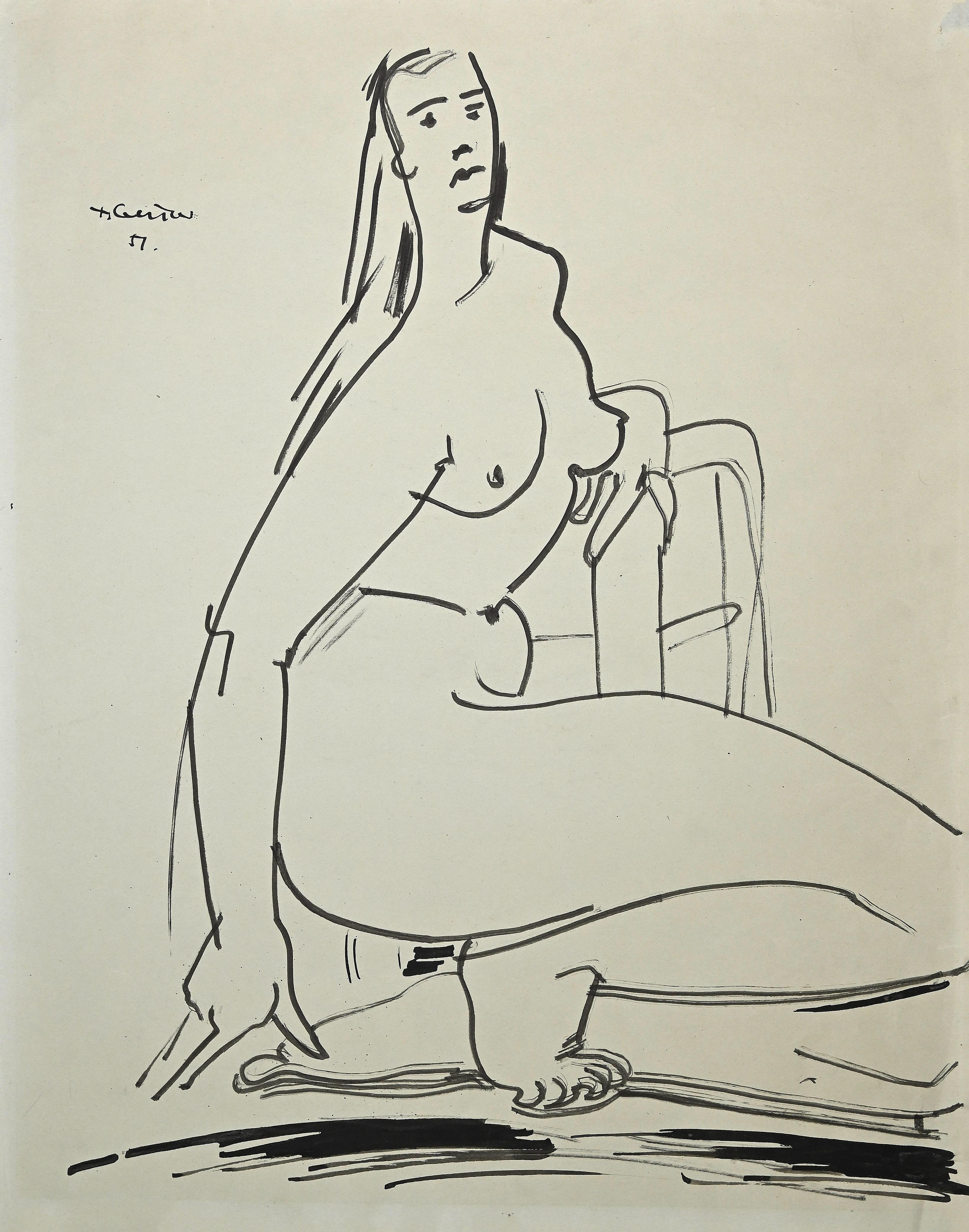 Internal Nude is an original china ink drawing on ivory paper, realized by Tibor Gertler in the 1950s.

Hand-signed at the top left.

In good conditions.

This artwork represents a figure of a nude woman posing through deft and quick strokes.