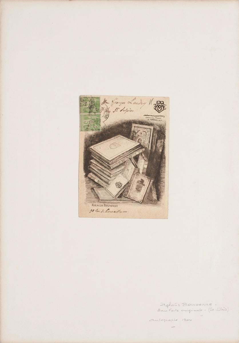 The Book Collection is an original etching on paper realized in 1900 by Aglaus Bouvenne.

Signed on plate on the lower left.

Applied on a white Passepartout: 39 x 27 cm.

In good conditions.

The artwork represents a collection of books,