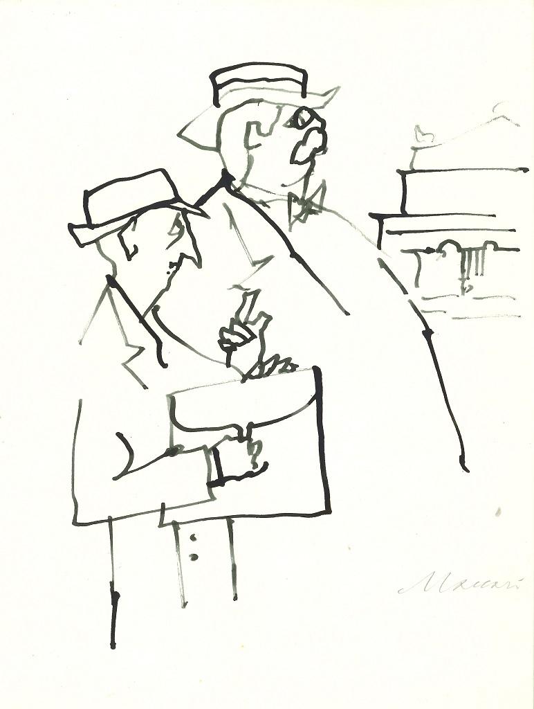 I Dottori (Les docteurs) est un dessin original sur papier, réalisé vers les années soixante par le grand artiste et journaliste italien, Mino Maccari (Sienne, 1898 - 1989). 

Dessin à l'aquarelle sur papier de couleur ivoire et filigrané. 

Signé