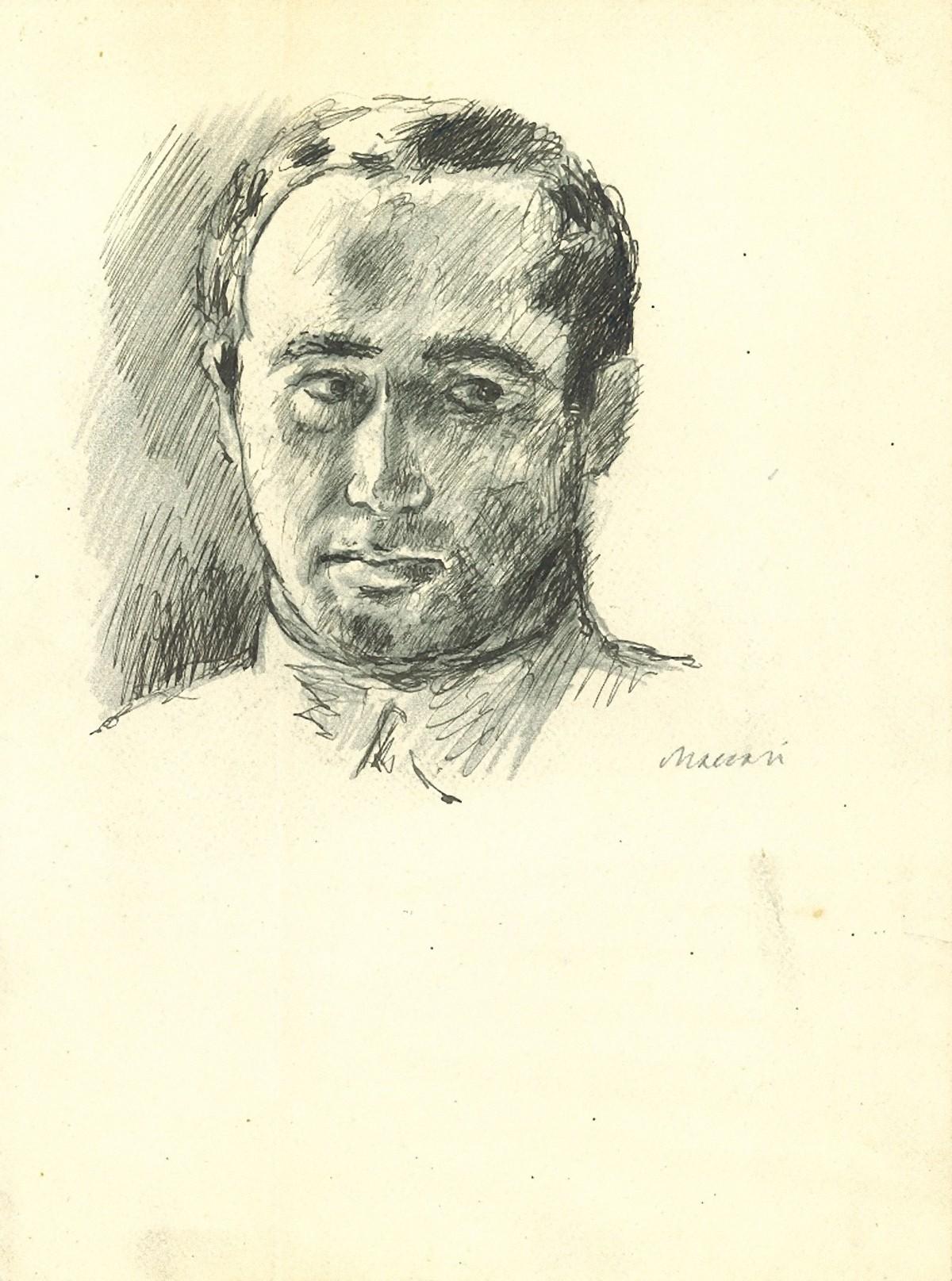 Ritratto Maschile con Colletto (Portrait of a Man with collar) is an original drawing on paper, realized around the 1960s by the great Italian artist and journalist Mino Maccari (Siena, 1898 - 1989).

Pencil and fountain pen on laid watercolor