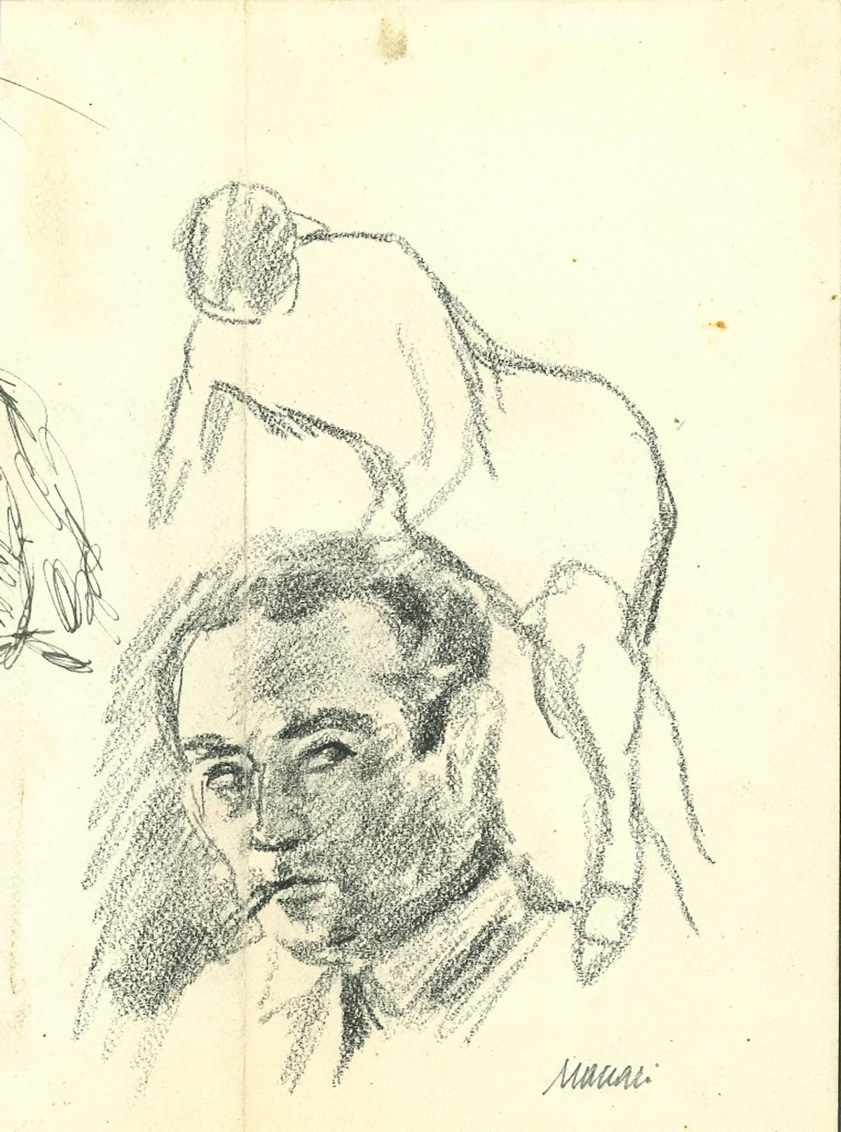 Portrait of Man with Collar - Drawing by Mino Maccari - 1960s For Sale 1