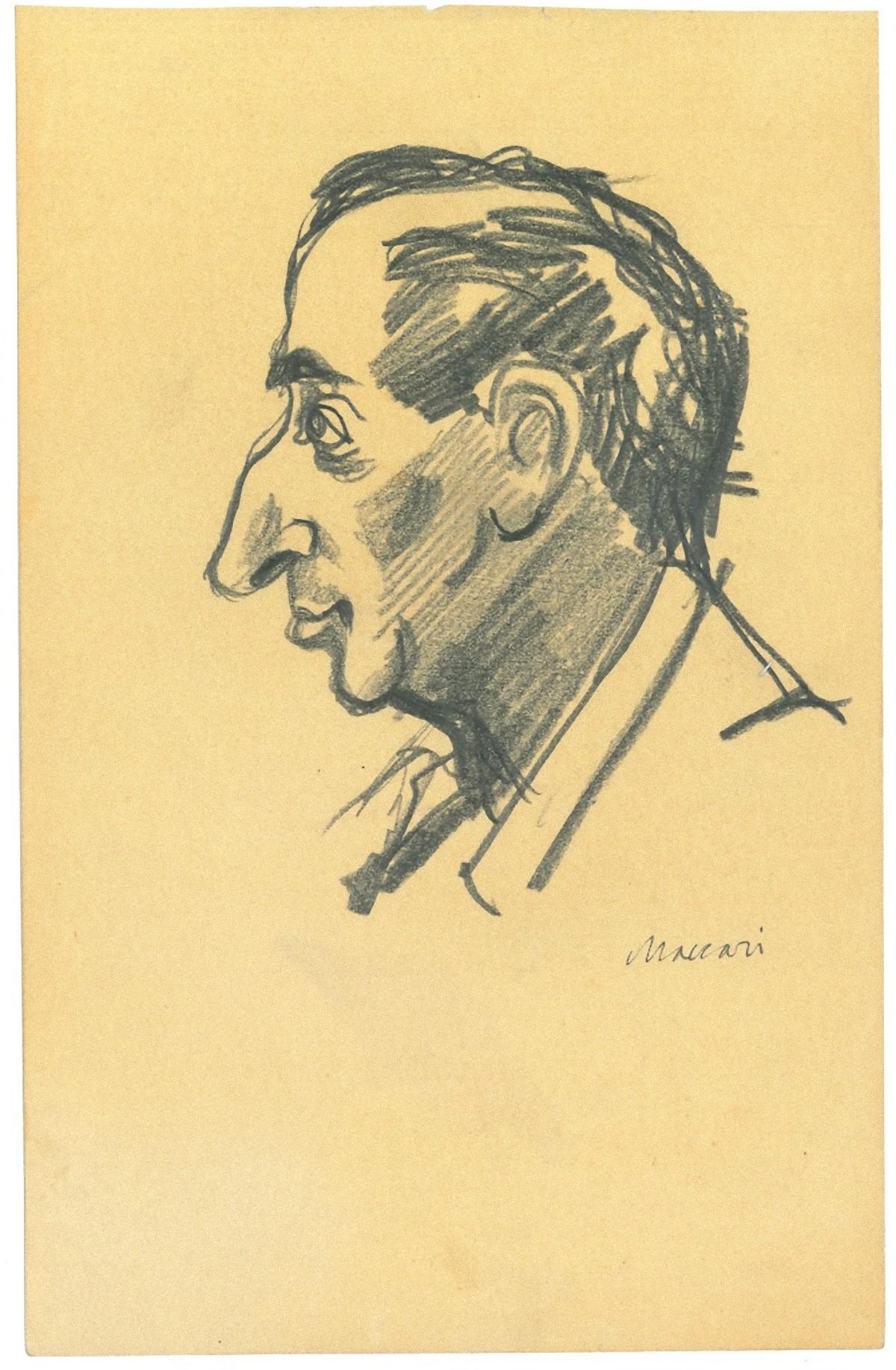 Porträtskizze eines männlichen Porträts – Zeichnung von Mino Maccari – 1960er Jahre