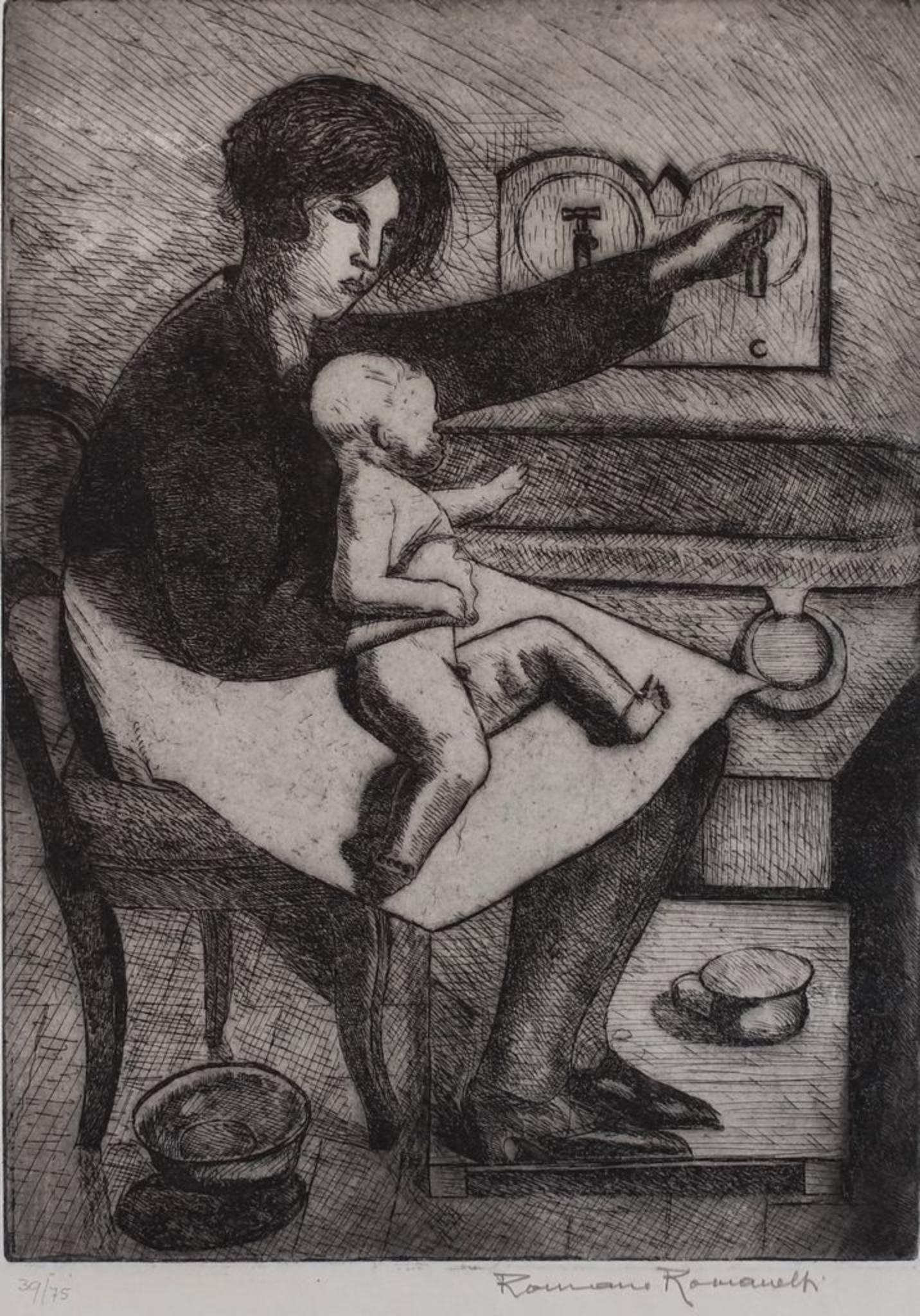 Mère et enfant est une gravure originale sur papier réalisée par Romano Romanelli dans les années 1930.

Dans de bonnes conditions 

Signé à la main en bas à droite.

Édition numérotée, 39/75.

L'œuvre d'art représente une mère avec son enfant.