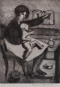 Mère et enfant - eau-forte de Romano Romanelli - 1930 environ