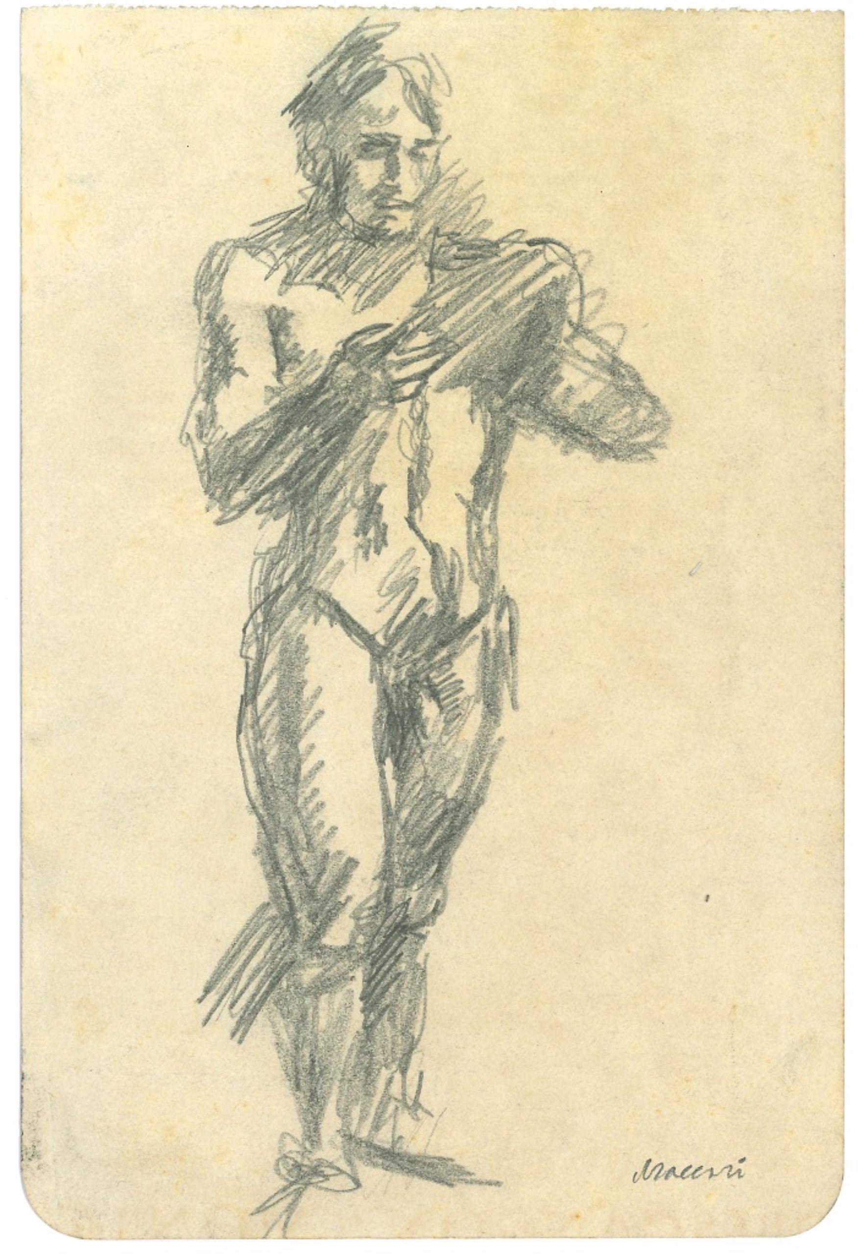 Standing Male Nude - Pencil Drawing by Mino Maccari - 1970s