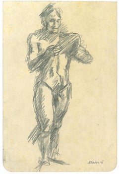 Used Standing Male Nude - Pencil Drawing by Mino Maccari - 1970s