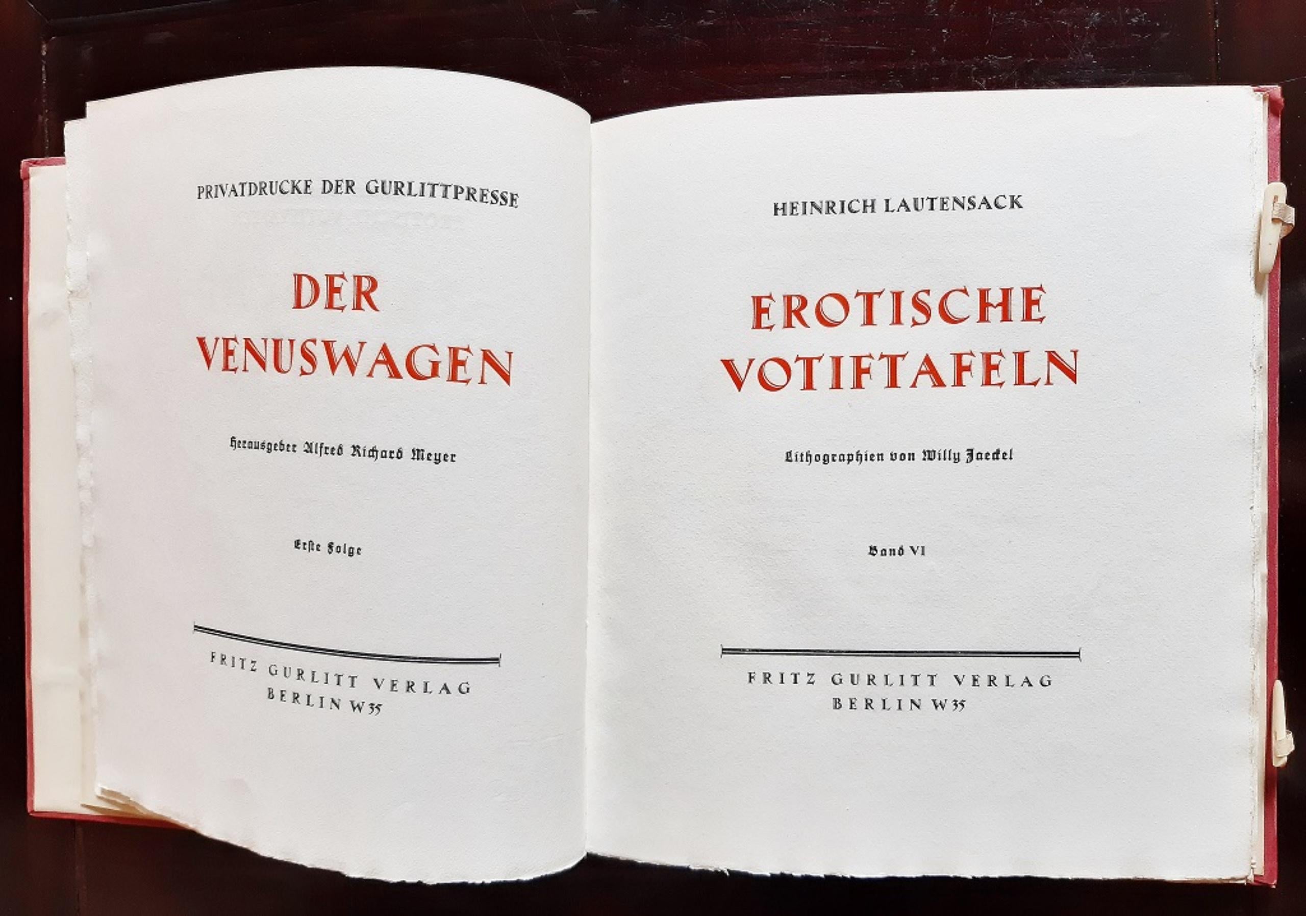 Erotische Votiftafeln is an original modern rare book written by Heinrich Lautensack (1522–1590) and illustrated by Willy Jaeckel (Breslau, 1888 – Berlin, 1944) in 1919.

Original Edition.

Published by Fritz Gurlitt, Berlin.

700 numbered and