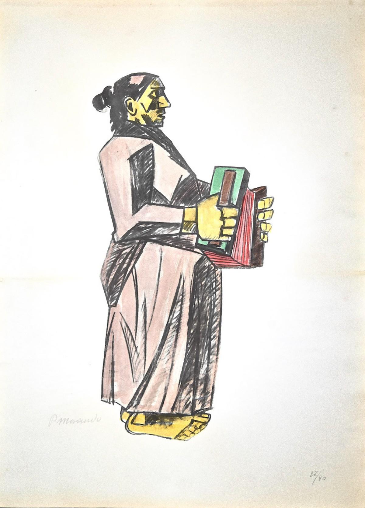 The Player is an original artwork realized by Italian artist Pietro Morando (Alessandria 1889- 1980).

Hand-colored lithograph.

Good Condition except for a folding.

Hand-signed on the lower left in pencil.

Numbered on the lower right in pencil,