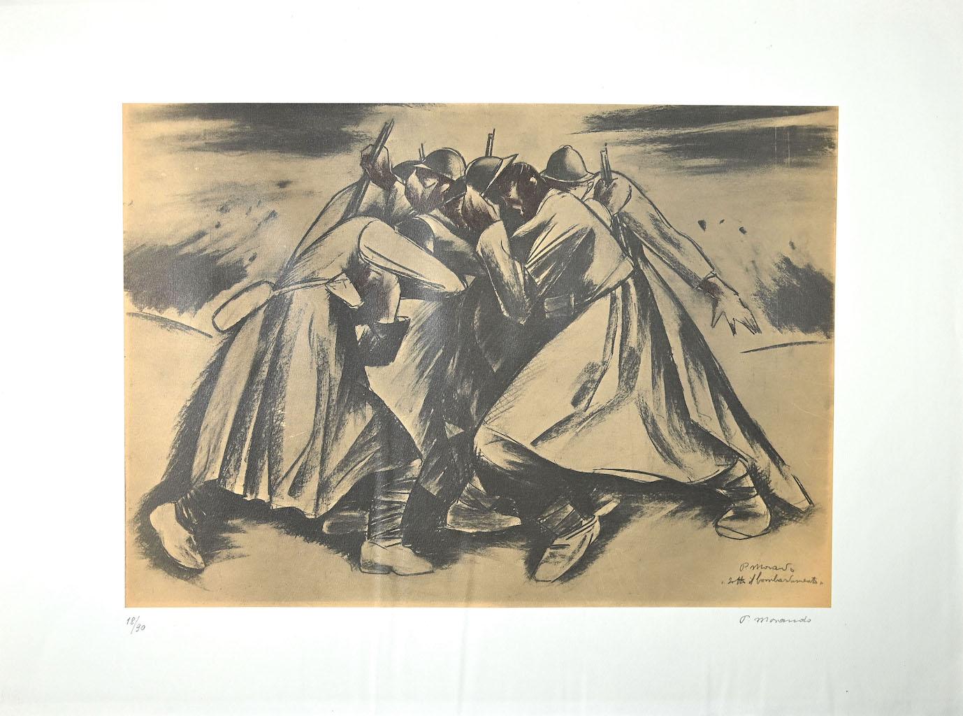 Under the Bombing is an original artwork realized by Italian artist Pietro Morando (Alessandria 1889- 1980).

Original Lithograph.

Good condition.

Hand-signed on the lower right in pencil and titled. Numbered on the lower left, the edition is