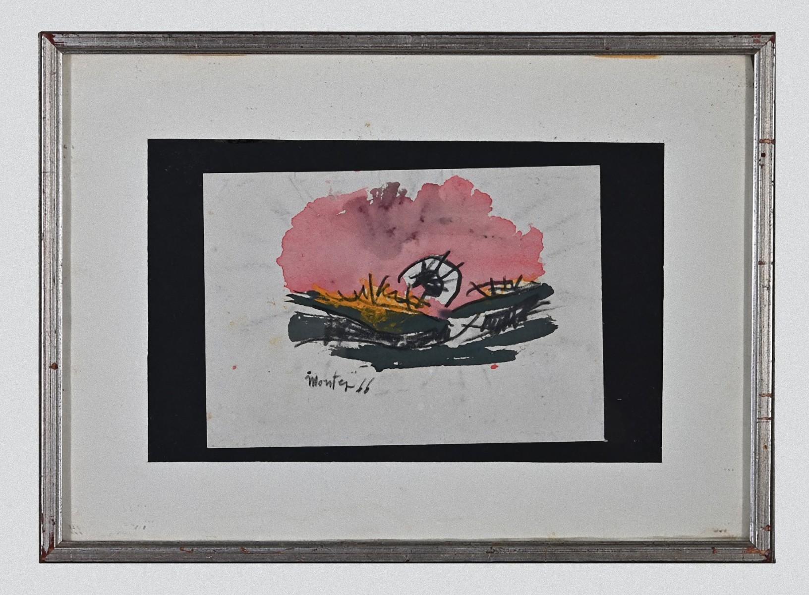 Composition rose est une œuvre d'art originale réalisée par Carlo Montesi en 1966.

Aquarelle de couleurs mélangées sur papier.

Cadre en bois inclus (avec quelques défauts mineurs) 26,2 x 2 x 37 cm

Signé à la main et daté dans la marge inférieure.