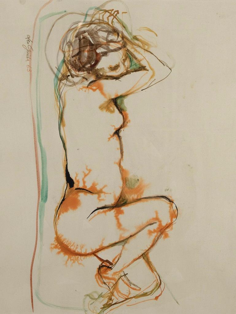 Nude is an original Contemporary artwork realized in 1963 by the italian artist Leo Guida (1992 - 2017).

Original Watercolor on paper.

Hand-signed and dated on the lower margin. 

Frame is included (49.5 x 2.5 x 60.5 cm). The frame is not in very