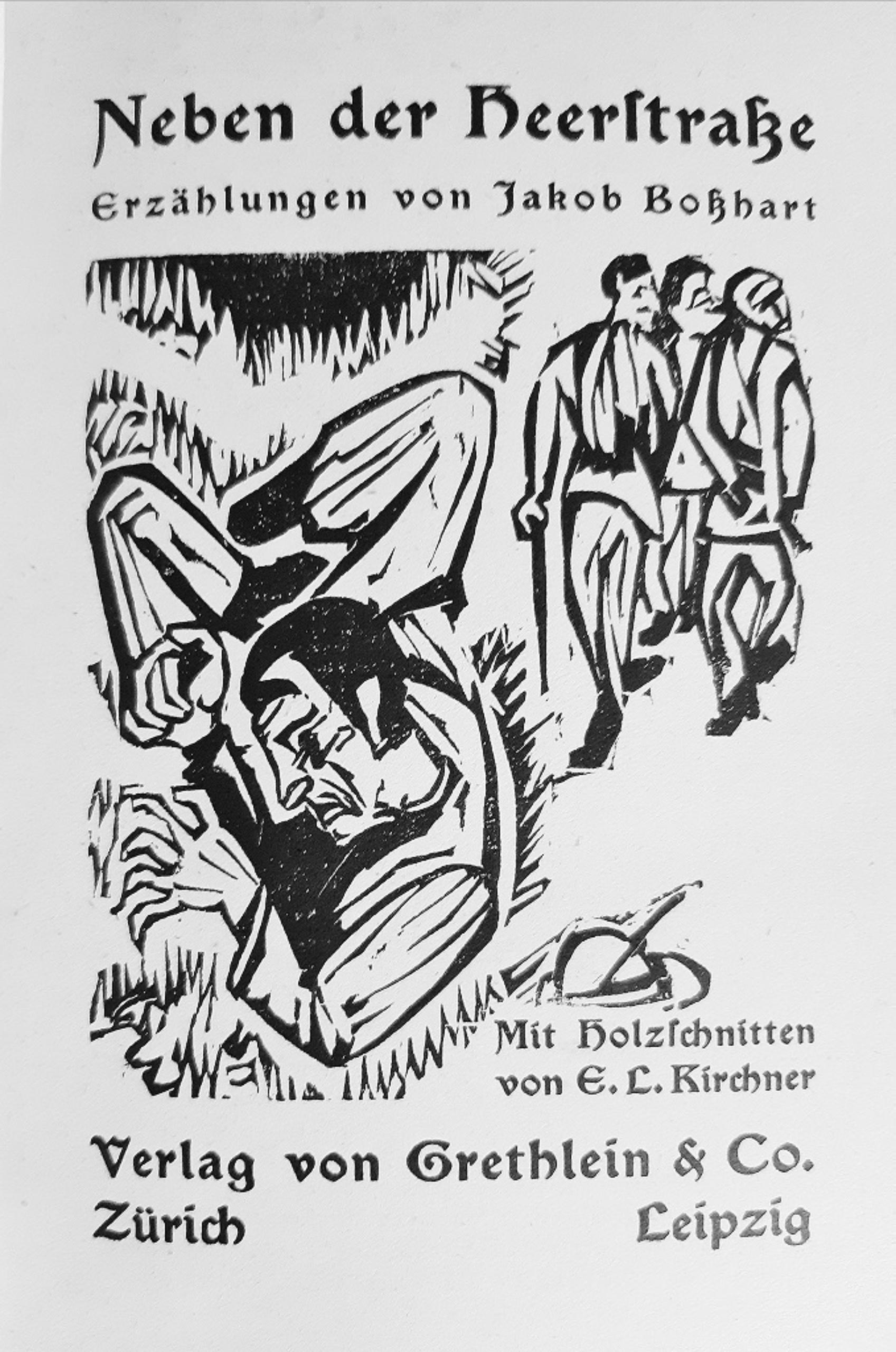 Neben der Heerstrasse is an original modern rare book written by Jakob Bosshart (Zürich, 1862 - Davos, 1924) and illustrated by Ernst Ludwig Kirchner (Aschaffenberg, 1880, — Davos, 1938) in 1923.

Original First Edition.

Published by Grethlein