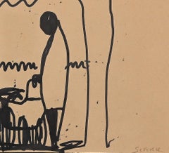 In the Garden -  China Ink drawing - 1970s