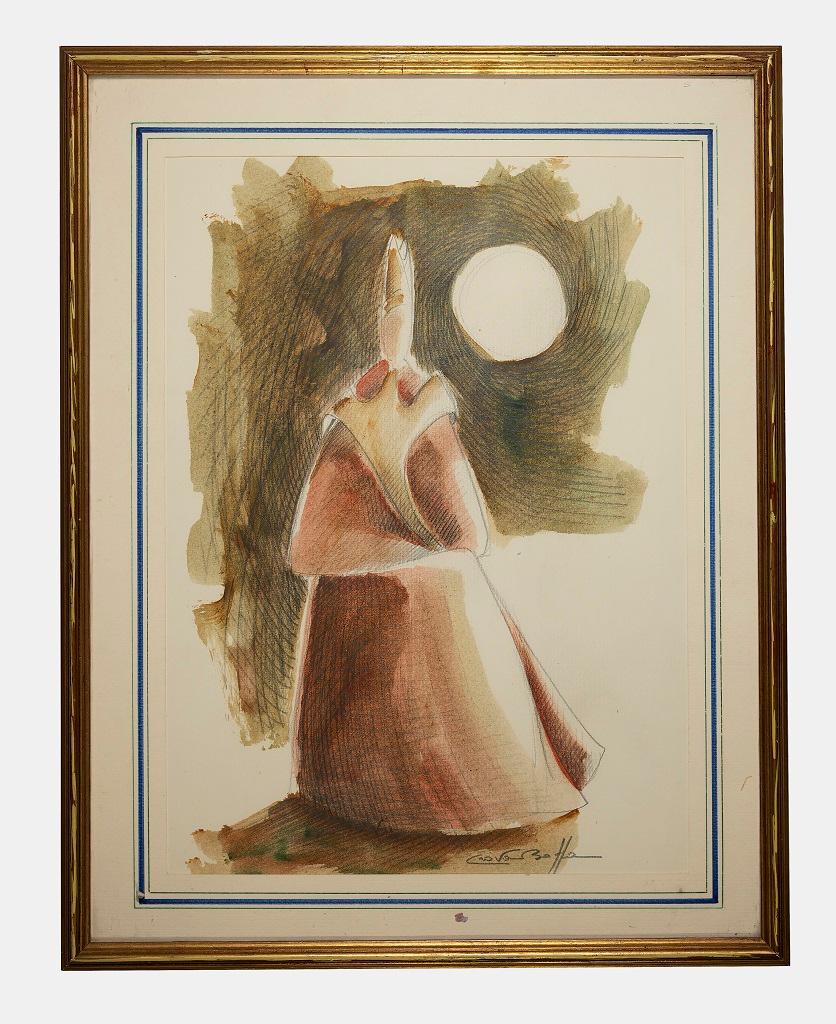 Unknown Figurative Art - The Cardinal - Pencil and Watercolor Drawing - Late 20th Century