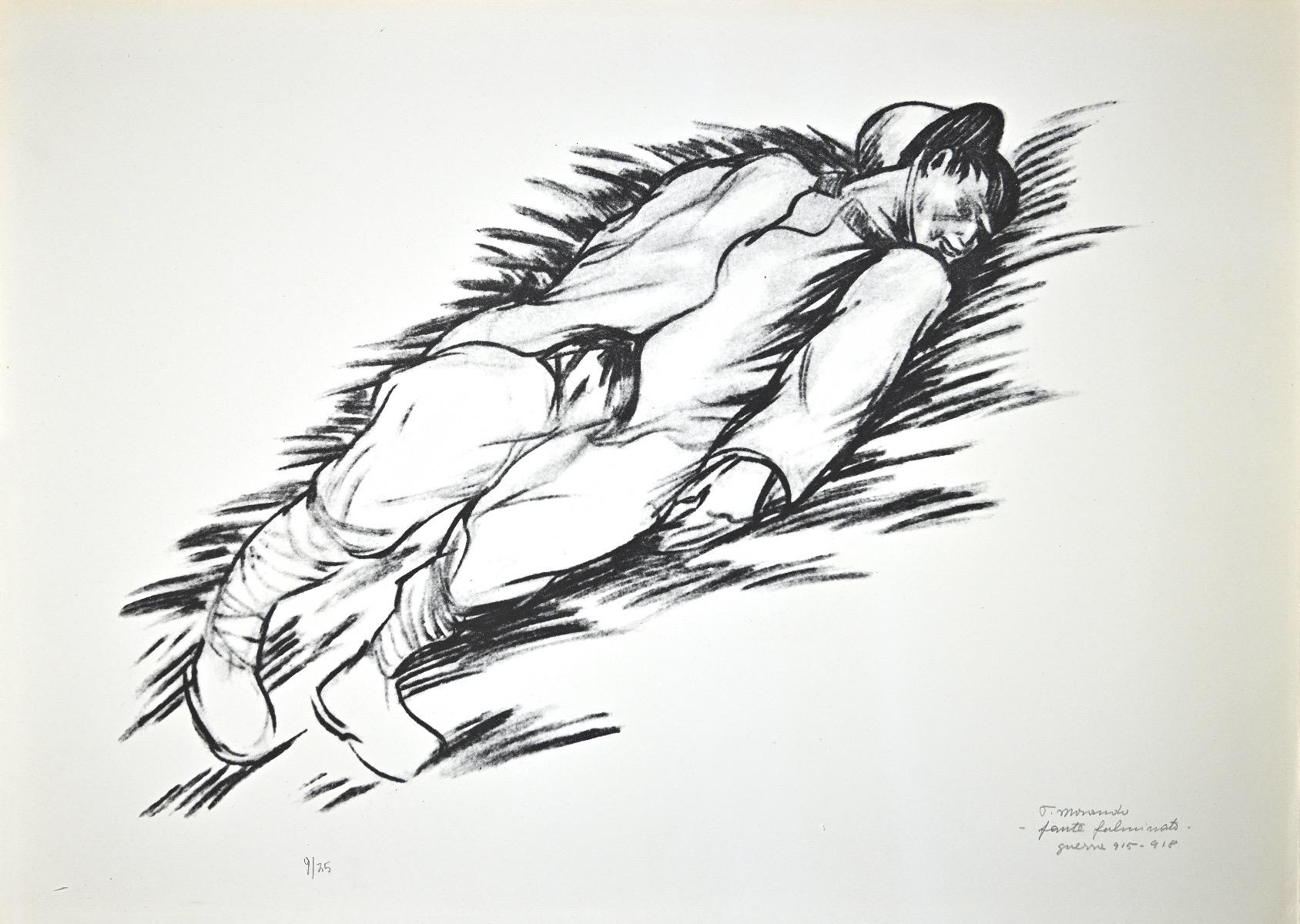 Infantryman electrocuted is an original lithograph realized by Italian artist Pietro Morando (Alessandria 1889- 1980).

Hand-signed on the lower right in pencil, titled, referring to the war "1915-1918"

Numbered on the lower left, the edition of
