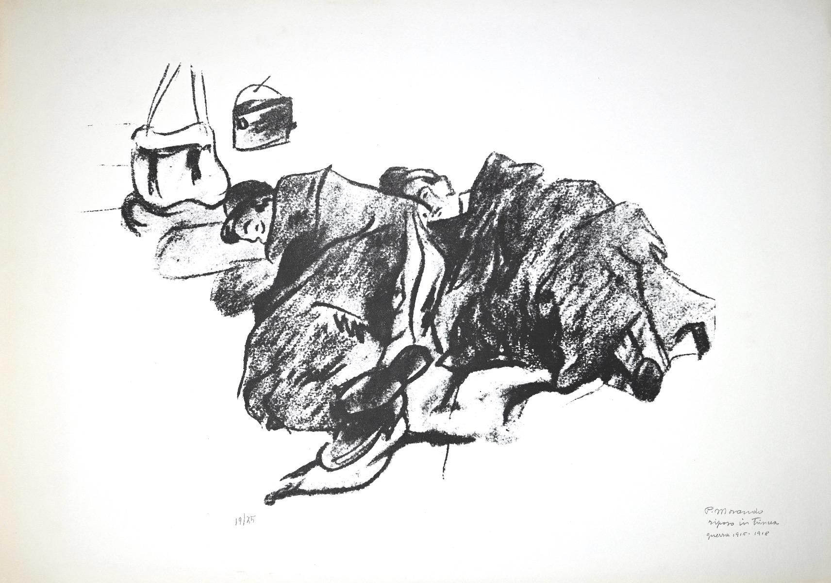 Rest in trenches is an original  lithograph realized by Italian artist Pietro Morando (Alessandria 1889- 1980).

Hand-signed on the lower right in pencil, titled, referring to the war"1915-1918".

Numbered on the lower left, the edition of 15/75