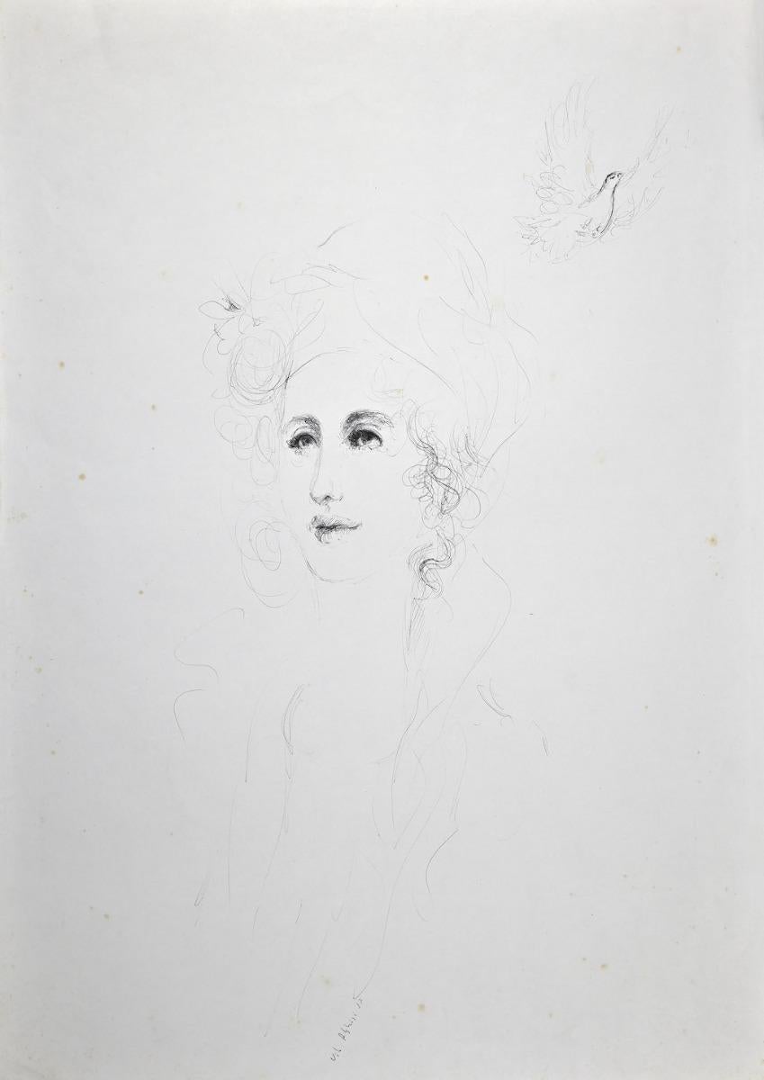 Portrait est un dessin original au stylo sur papier réalisé par Vito Alghisi en 1987.

Signé à la main en bas.

Bonnes conditions à l'exception de rousseurs diffuses et de quelques pliures.

L'œuvre d'art représente le portrait d'une femme. L'œuvre