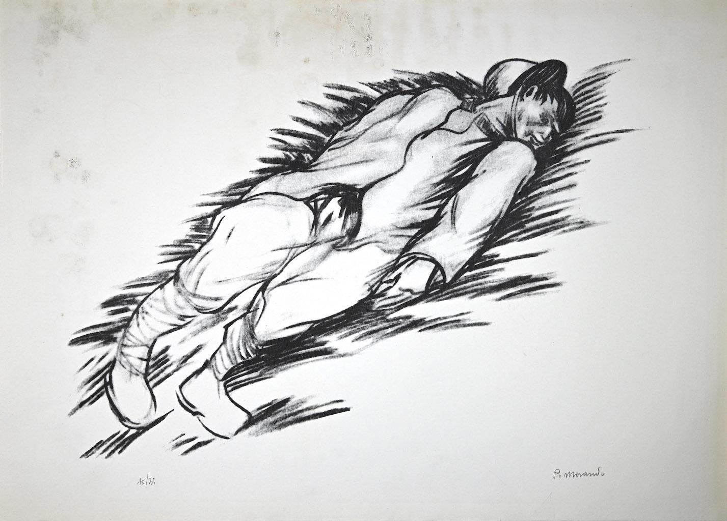 Soldier is an original lithograph realized by Italian artist Pietro Morando (Alessandria 1889- 1980).

Hand-signed on the lower right in pencil.

Numbered on the lower left, the edition of 10/75 prints.

Good conditions except for diffused foxings