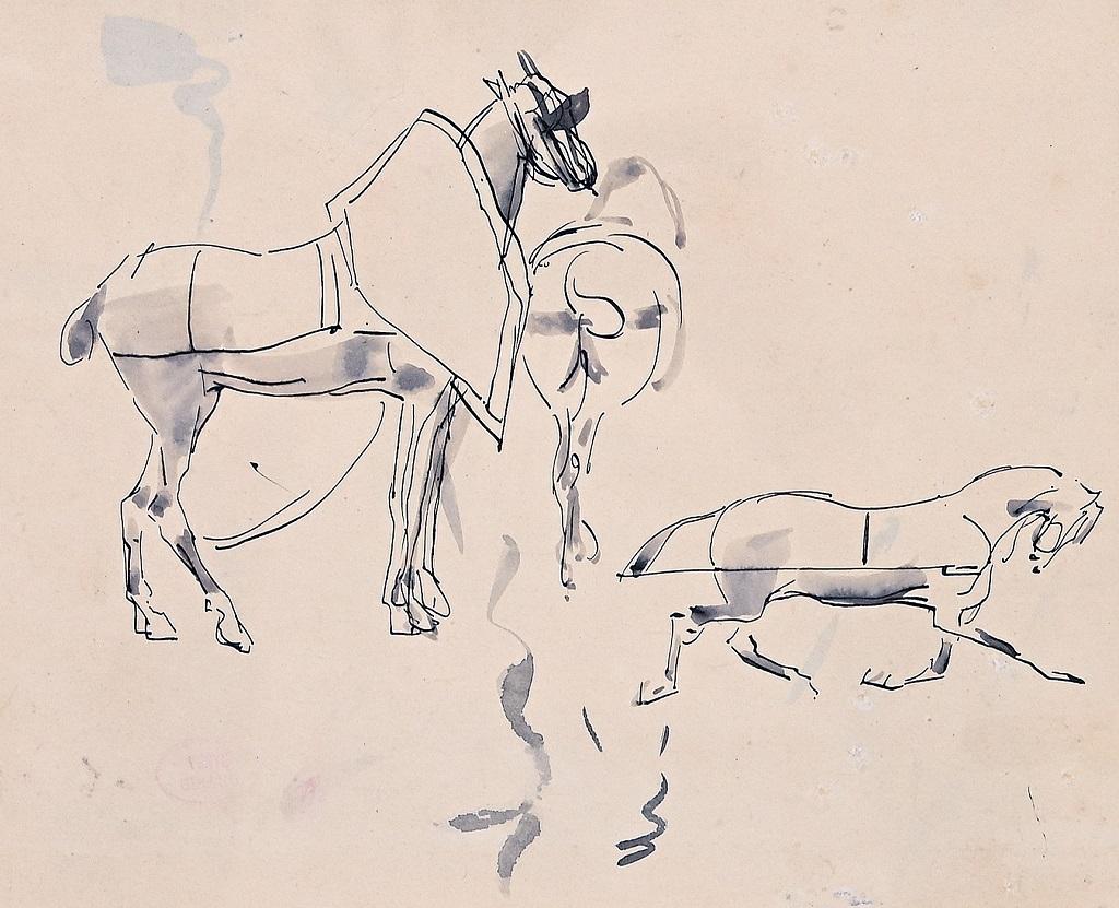 Unknown Figurative Art - Study for Horses Painting - Original Ink drawing - 19th Century