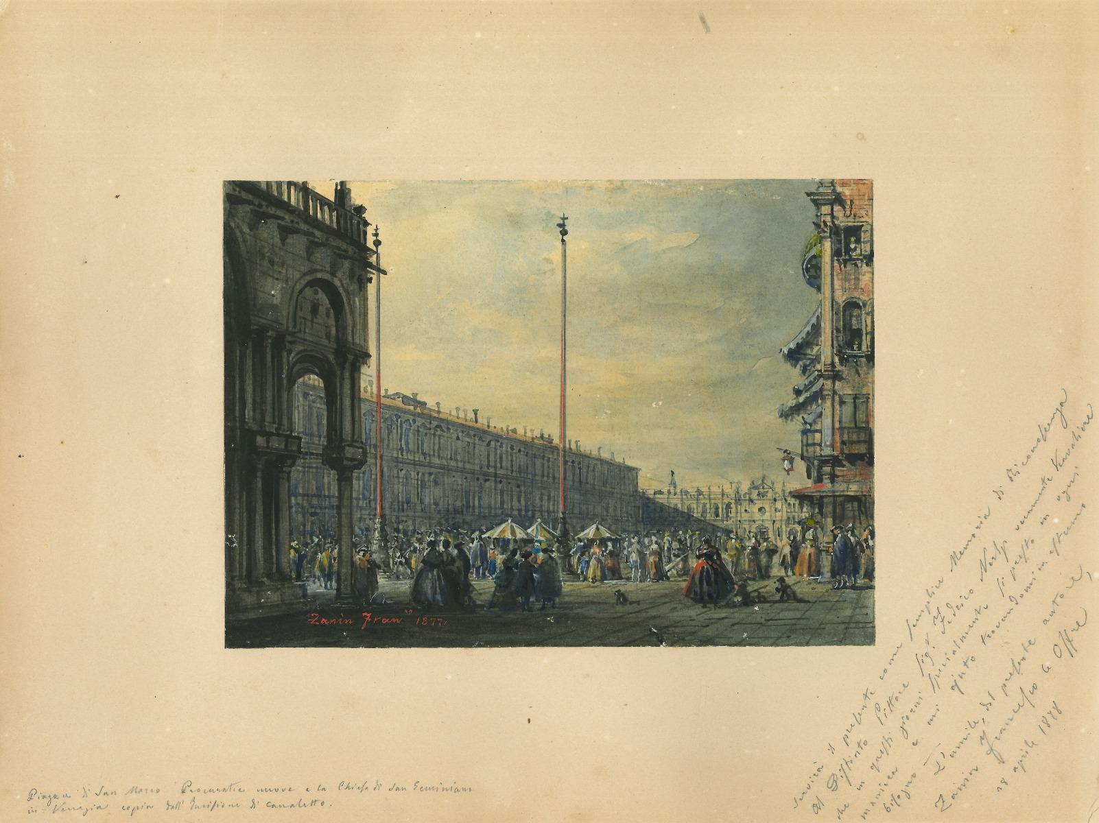 St. Mark's Square, Venedig - Tusche, Aquarell und Tempera von F. Zanin - 1877